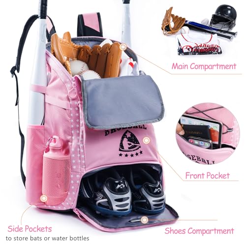 VIGEGARI Baseball Bag for Youth & Adult with 4 Bat Sleeves - Softball Bat Bag with Shoe Compartment - Baseball Backpack for T-Ball, Softball Equipment, Baseball Gear, Baseball Bags for Boys 8-12 - Image 2