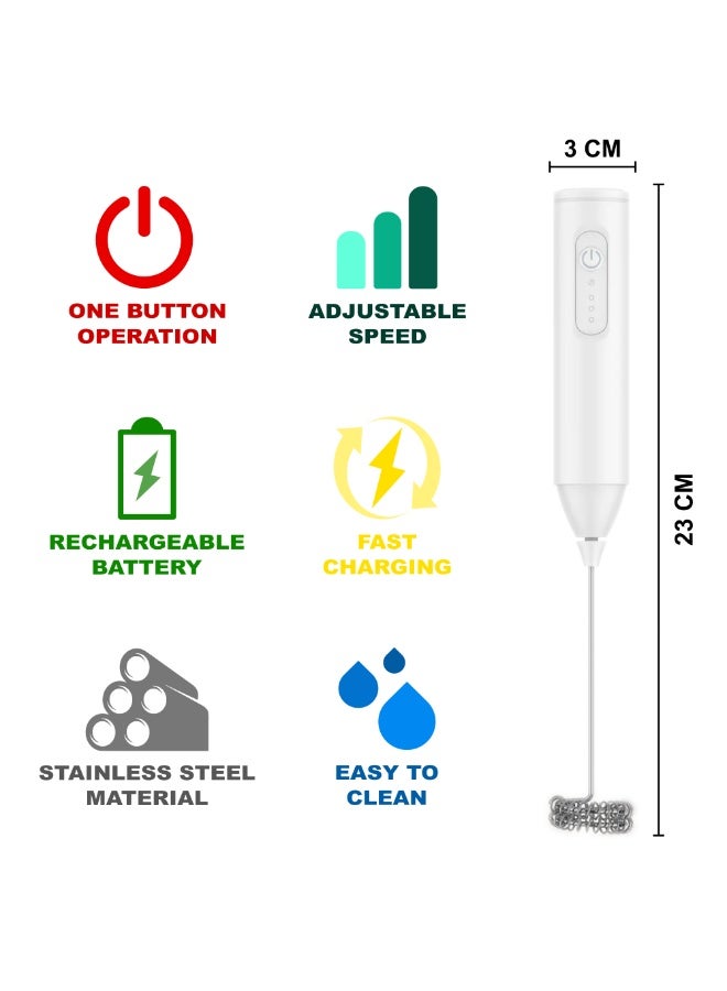 خفاقة حليب قابلة للشحن - منفذ USB-C - بطارية 400 مللي أمبير - 3 سرعات - مضرب من الفولاذ المقاوم للصدأ - أبيض - Image 2