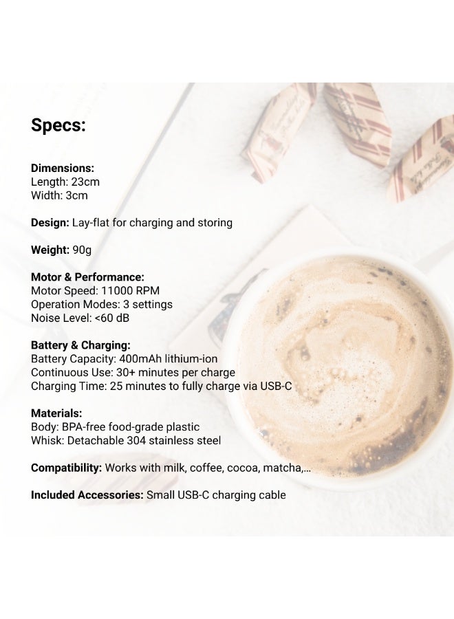 خفاقة حليب قابلة للشحن - منفذ USB-C - بطارية 400 مللي أمبير - 3 سرعات - مضرب من الفولاذ المقاوم للصدأ - أبيض - Image 5