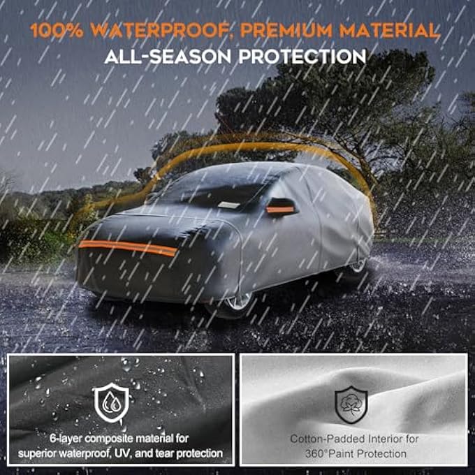 rayihni Waterproof Outdoor Car Cover,6 Layers Full Exterior Protection,Resistant to Rain,Snow,UV,and Dust,All-Weather Automobile Cover,Universal Fit for Sedans up to 169 inches,with Zipper Door,Black - Image 3