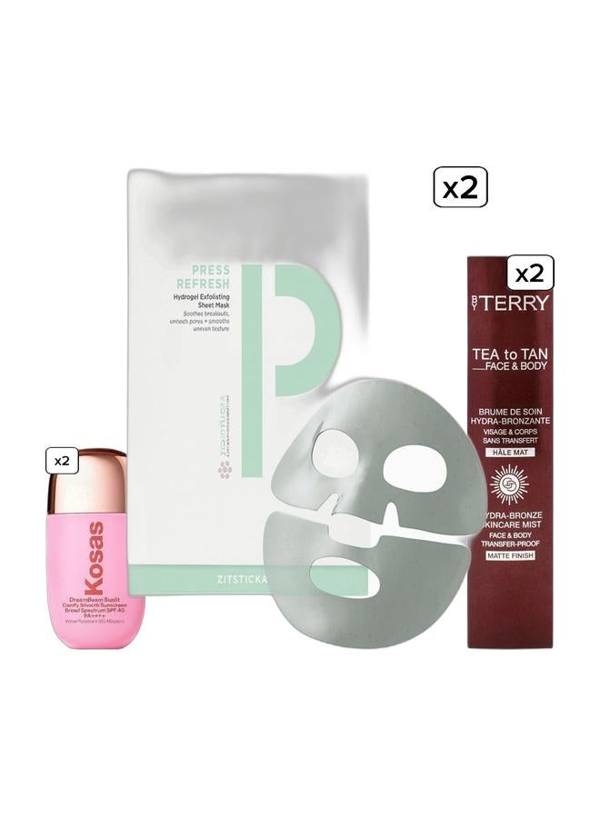 ZitSticka Press Refresh Exfoliating & Hydrating Sheet Mask – Soothe Acne-Prone Skin (1 Pack) & Tea to Tan Face & Body – 9.5ml & Kosas DreamBeam SPF 40 PA+ Mineral Sunscreen & Hydrating Makeup Primer 40ml Bundle - Image 1