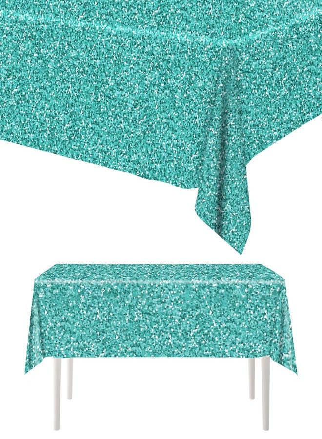 eggigi Teal and Silver Tablecloths, Teal and Silver Glitter Table Cover,Disposable Teal Blue Table Cover for Wedding Anniversary Silver Glitter Party Supplies (2) - Image 1