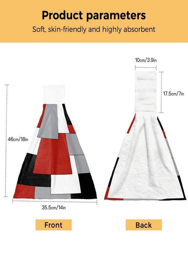 Chucoco Kitchen Hanging Tie Towel Set of 2, Reusable Quick Drying Hand Towel Abstract Red Black Grey White Color Block Cleaning Cloth with Loop Bathroom Tie Towels Splicing Geometric Plaid - Image 3