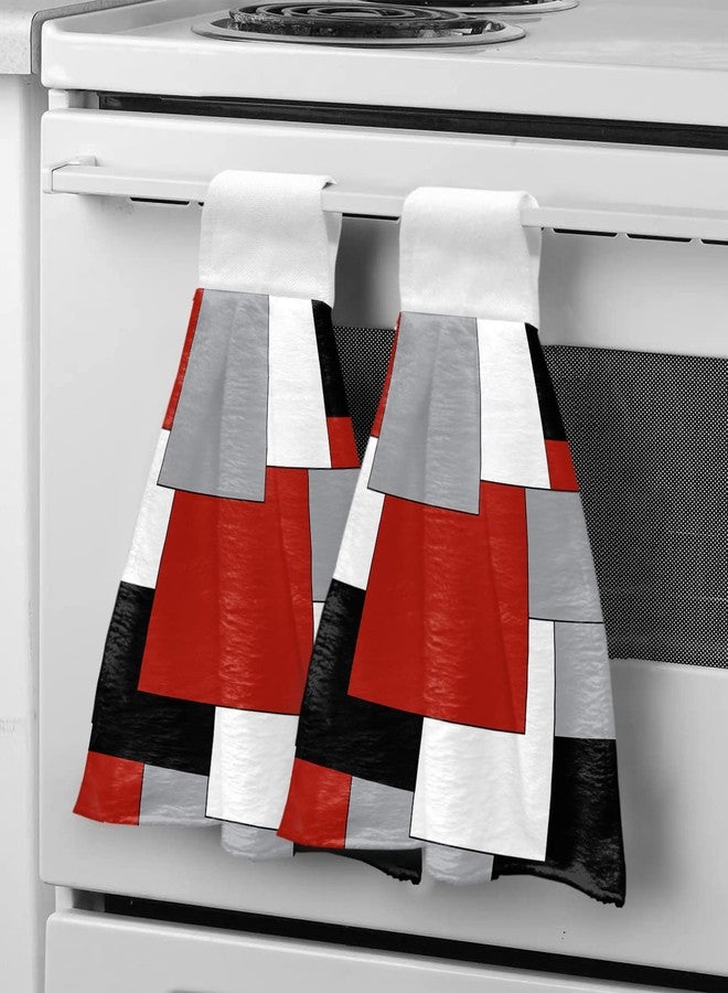 Chucoco Kitchen Hanging Tie Towel Set of 2, Reusable Quick Drying Hand Towel Abstract Red Black Grey White Color Block Cleaning Cloth with Loop Bathroom Tie Towels Splicing Geometric Plaid - Image 1