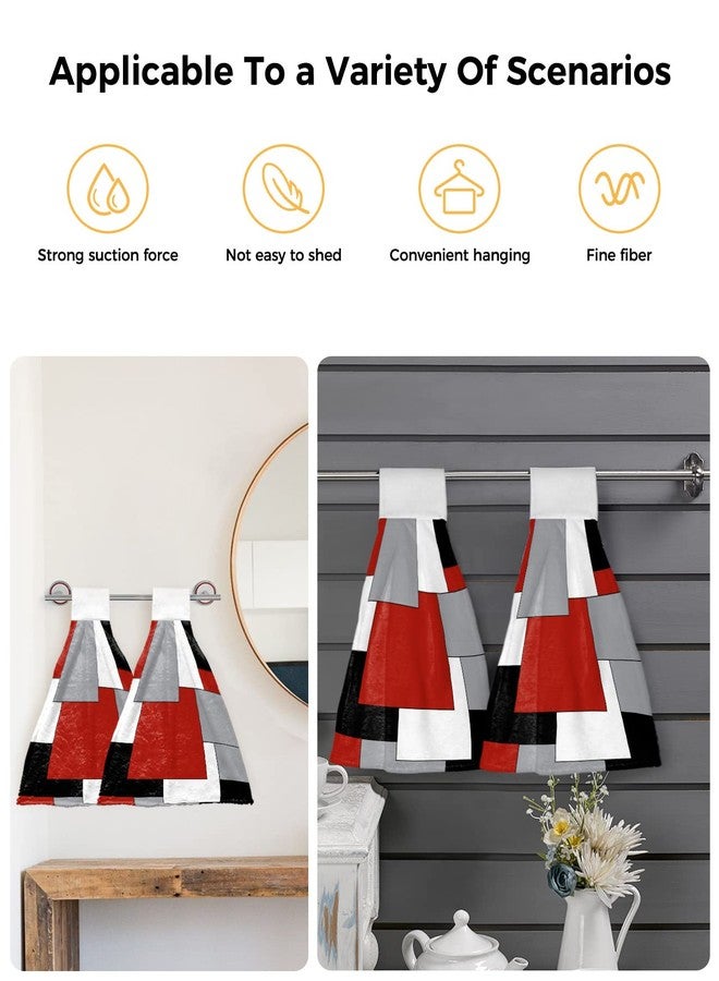 Chucoco Kitchen Hanging Tie Towel Set of 2, Reusable Quick Drying Hand Towel Abstract Red Black Grey White Color Block Cleaning Cloth with Loop Bathroom Tie Towels Splicing Geometric Plaid - Image 4