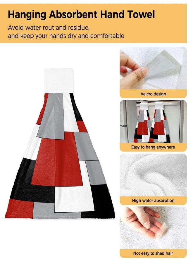 Chucoco Kitchen Hanging Tie Towel Set of 2, Reusable Quick Drying Hand Towel Abstract Red Black Grey White Color Block Cleaning Cloth with Loop Bathroom Tie Towels Splicing Geometric Plaid - Image 2
