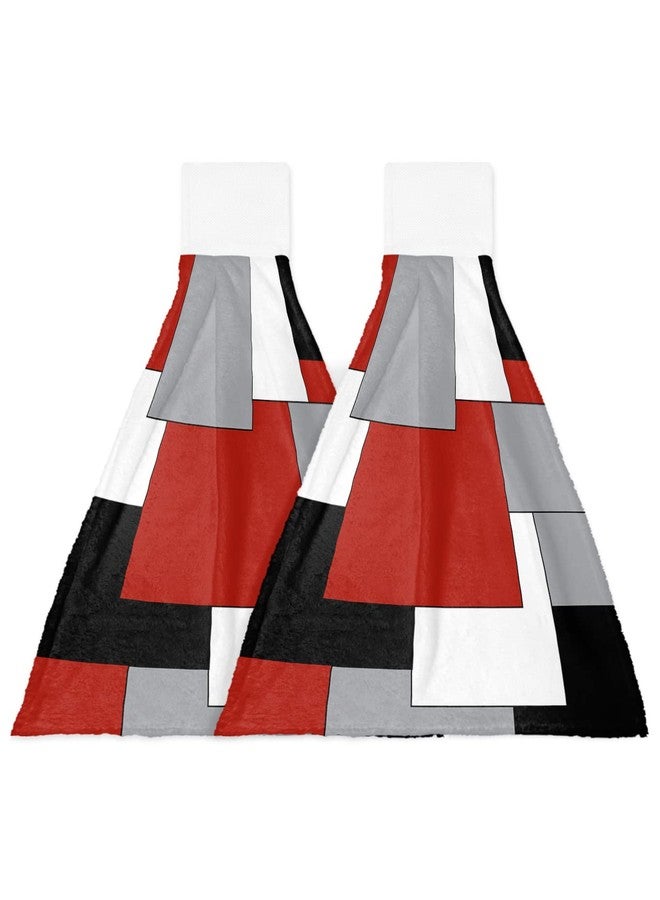 Chucoco Kitchen Hanging Tie Towel Set of 2, Reusable Quick Drying Hand Towel Abstract Red Black Grey White Color Block Cleaning Cloth with Loop Bathroom Tie Towels Splicing Geometric Plaid - Image 5