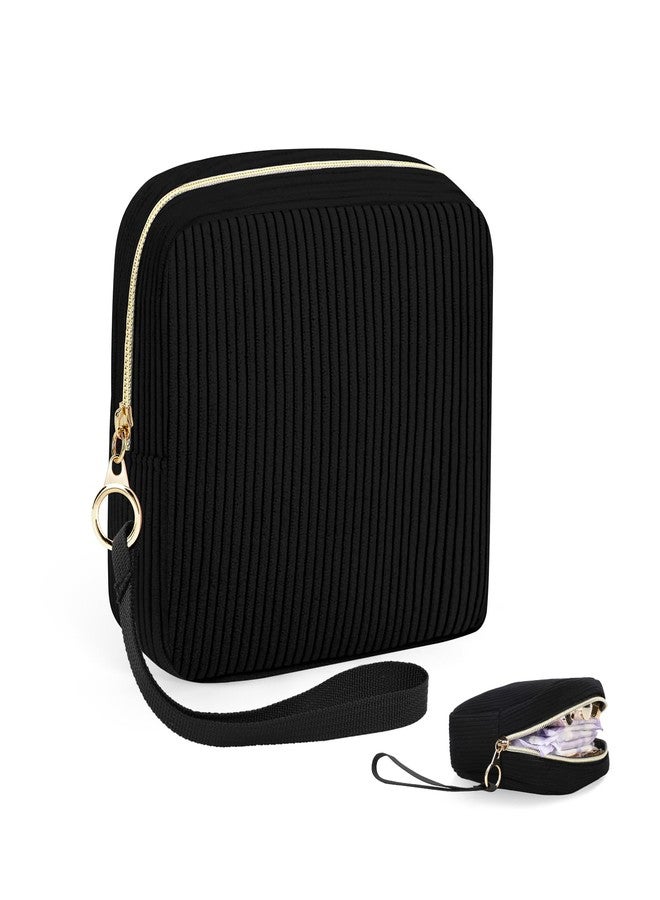 SIDESUGAR Corduroy Period Pouch Small Discreet Period Bag Sanitary Napkin Storage Bag Cute Menstrual Pad Pouch Tampon Bag for Purse Portable Wristlet Makeup Bags for Women Ladies Black - Image 1