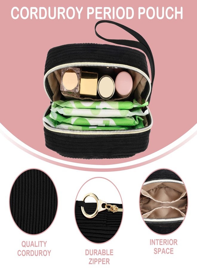 SIDESUGAR Corduroy Period Pouch Small Discreet Period Bag Sanitary Napkin Storage Bag Cute Menstrual Pad Pouch Tampon Bag for Purse Portable Wristlet Makeup Bags for Women Ladies Black - Image 2