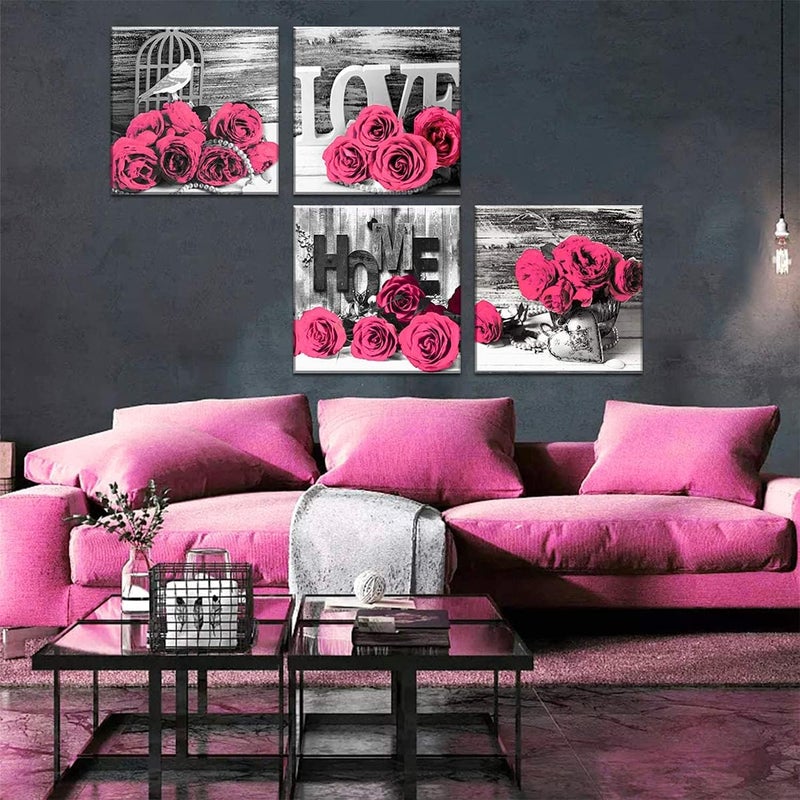 YOOOAHU Pink Wall Decor for Living Room Flower Rose Wall Art 12x12 Retro Gray Love Couples Canvas Prints Pictures Modern Artwork Painting Office Bedroom Bathroom Accessories Home Decoration 4Pcs/Sets - Image 2