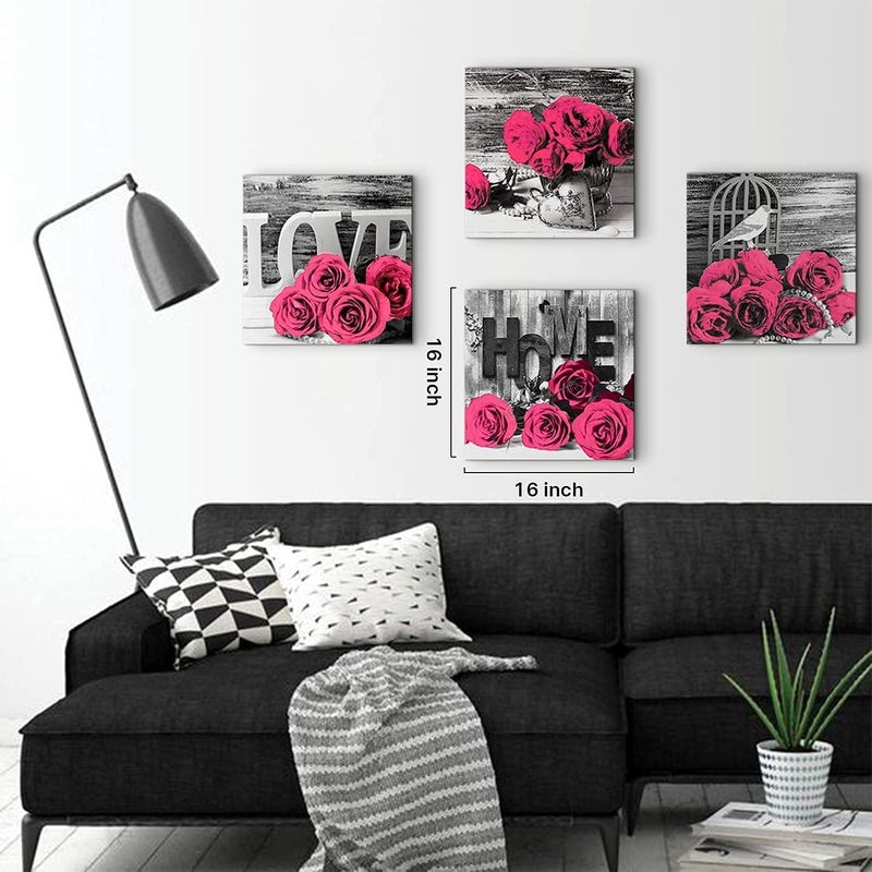 YOOOAHU Pink Wall Decor for Living Room Flower Rose Wall Art 12x12 Retro Gray Love Couples Canvas Prints Pictures Modern Artwork Painting Office Bedroom Bathroom Accessories Home Decoration 4Pcs/Sets - Image 4