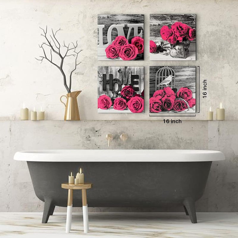 YOOOAHU Pink Wall Decor for Living Room Flower Rose Wall Art 12x12 Retro Gray Love Couples Canvas Prints Pictures Modern Artwork Painting Office Bedroom Bathroom Accessories Home Decoration 4Pcs/Sets - Image 5