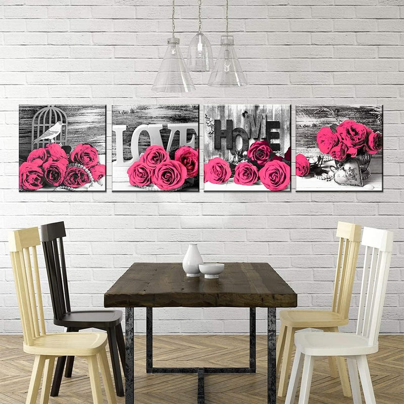 YOOOAHU Pink Wall Decor for Living Room Flower Rose Wall Art 12x12 Retro Gray Love Couples Canvas Prints Pictures Modern Artwork Painting Office Bedroom Bathroom Accessories Home Decoration 4Pcs/Sets - Image 3