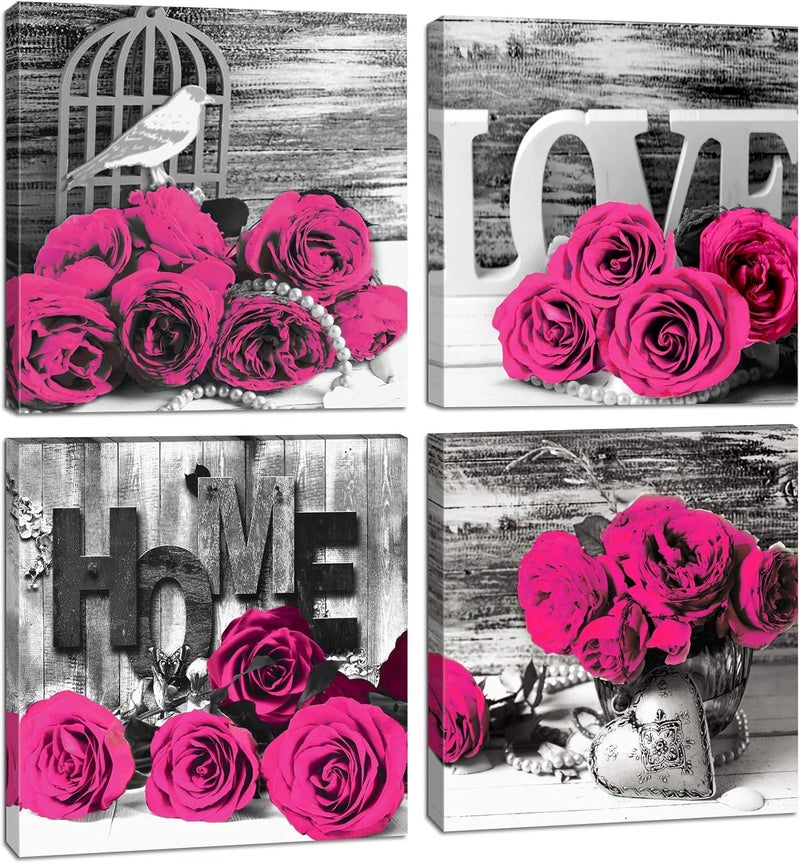 YOOOAHU Pink Wall Decor for Living Room Flower Rose Wall Art 12x12 Retro Gray Love Couples Canvas Prints Pictures Modern Artwork Painting Office Bedroom Bathroom Accessories Home Decoration 4Pcs/Sets - Image 1