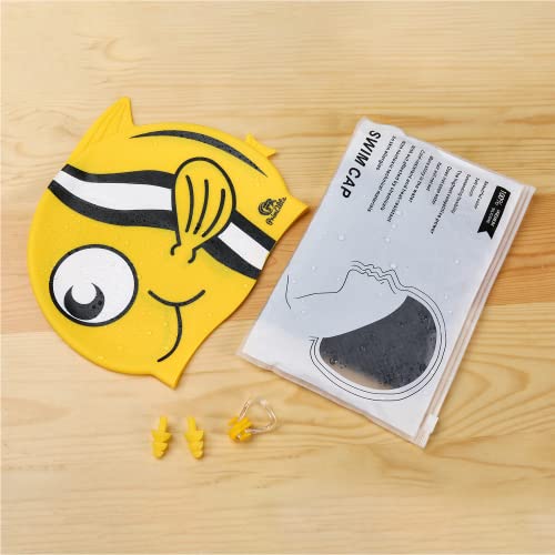 Primalite Swim Caps for Kids- Aged 3-12, Happy Fish Cartoon Design, Silicone Waterproof Comfy Bathing Cap Swimming Hat for Long & Short Hair, Waterproof Stretchy for Children, Boys & Girls- Yellow - Image 5