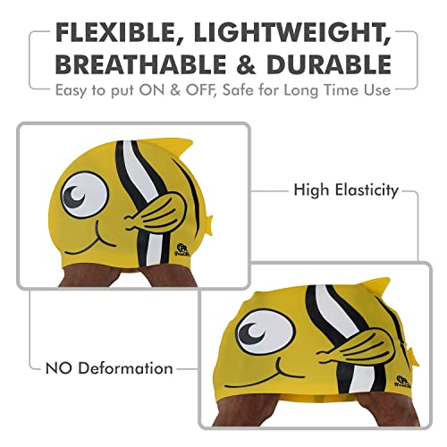 Primalite Swim Caps for Kids- Aged 3-12, Happy Fish Cartoon Design, Silicone Waterproof Comfy Bathing Cap Swimming Hat for Long & Short Hair, Waterproof Stretchy for Children, Boys & Girls- Yellow - Image 3