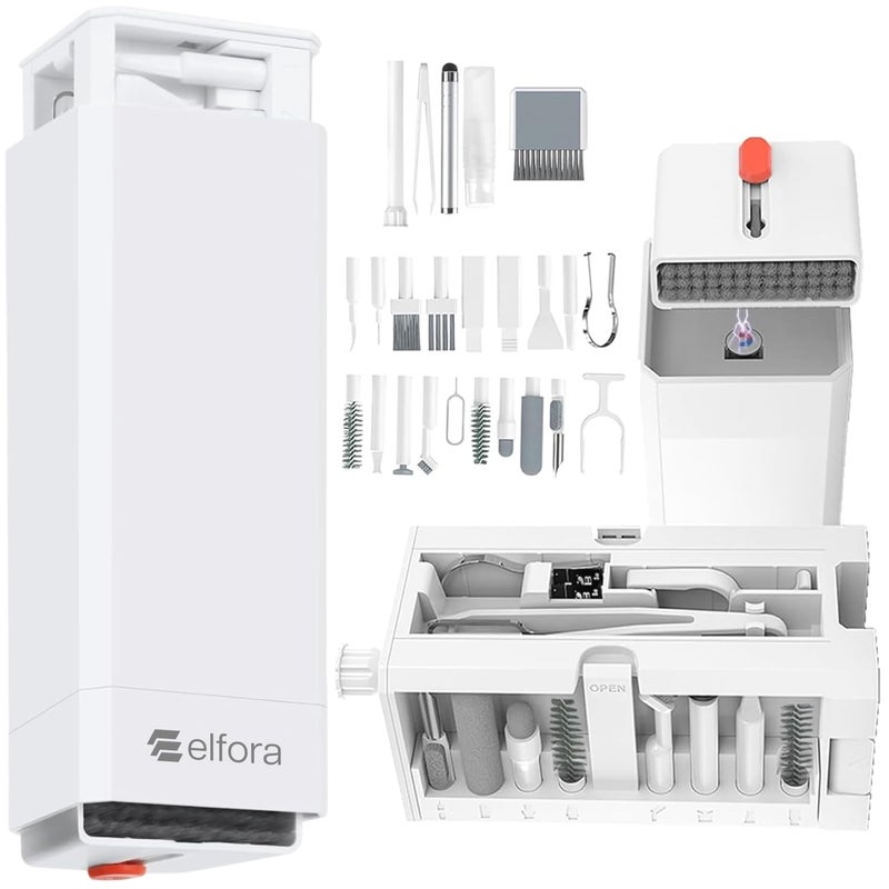 Elfora 32 in 1 Cleaning Tool Kit with Screen Cleaner, Spray Bottle, Tweezer, Brush, SIM Tool & Key Puller| Multi Device Cleaner for PC, Laptop, iPhone, iPad, MacBook, Airpods, Camera & Keyboard(White) - Image 1