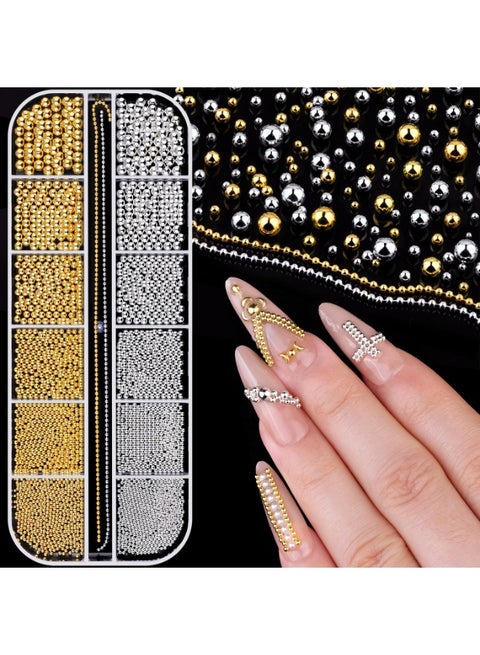 1-3MM Mini Small Nail Beads Metal Caviar Bead Silver Gold Nail Charms and Gems Ball, Nail Chain for Nail Art Accessories Supplies Gold Rhinestones for Women Manicure