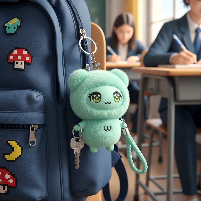 general Mint Green Fluffy Anime Character Plush Keychain with Gold Metal Chain Clip - Image 2