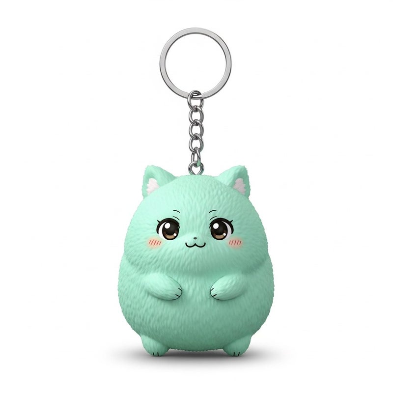 general Mint Green Fluffy Anime Character Plush Keychain with Gold Metal Chain Clip - Image 1