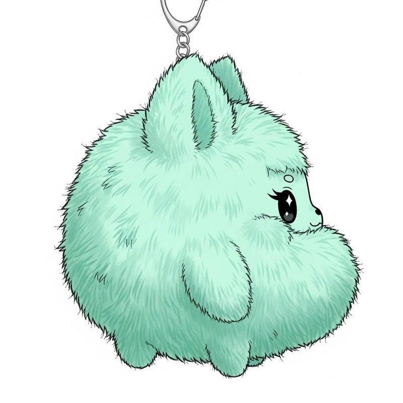 general Mint Green Fluffy Anime Character Plush Keychain with Gold Metal Chain Clip - Image 4