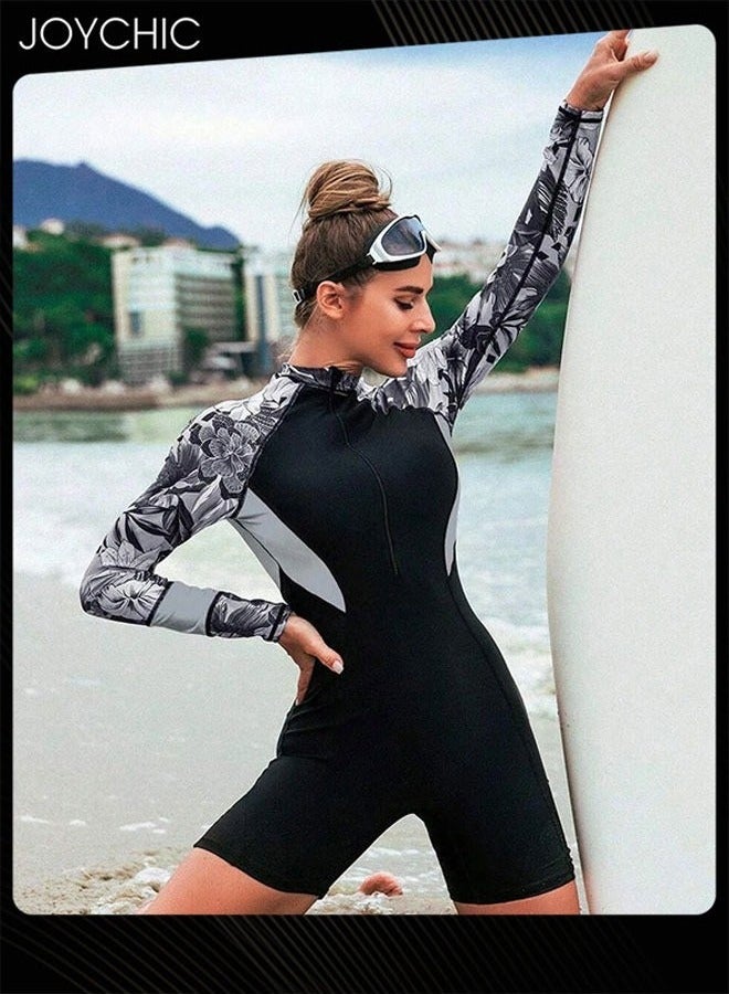 Joychic ملابس سباحة نسائية قطعة واحدة بسحاب أمامي بأكمام طويلة مطبوعة بدلة ركوب الأمواج صيفية للحماية من الشمس وقابلة للتنفس مع مرونة عالية - Image 1