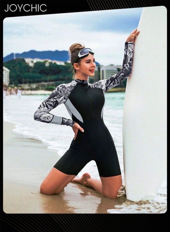 Joychic ملابس سباحة نسائية قطعة واحدة بسحاب أمامي بأكمام طويلة مطبوعة بدلة ركوب الأمواج صيفية للحماية من الشمس وقابلة للتنفس مع مرونة عالية - Image 2