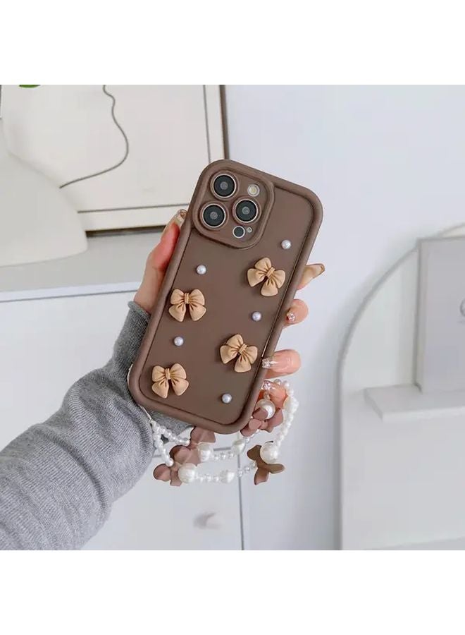 حالة هاتف IPhone 14 Pro Max بسوار القوس اللؤلؤ الأسود لطيف ناعم عصري - Image 4