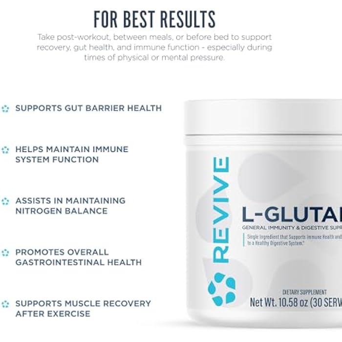 Revive MD Gut L-Glutamine Powder – Muscle Recovery & Immune Support Supplement for Adults – Promotes Digestive Health, Reduces Muscle Soreness & Supports Immunity – Vegan (30 Servings) - Image 4