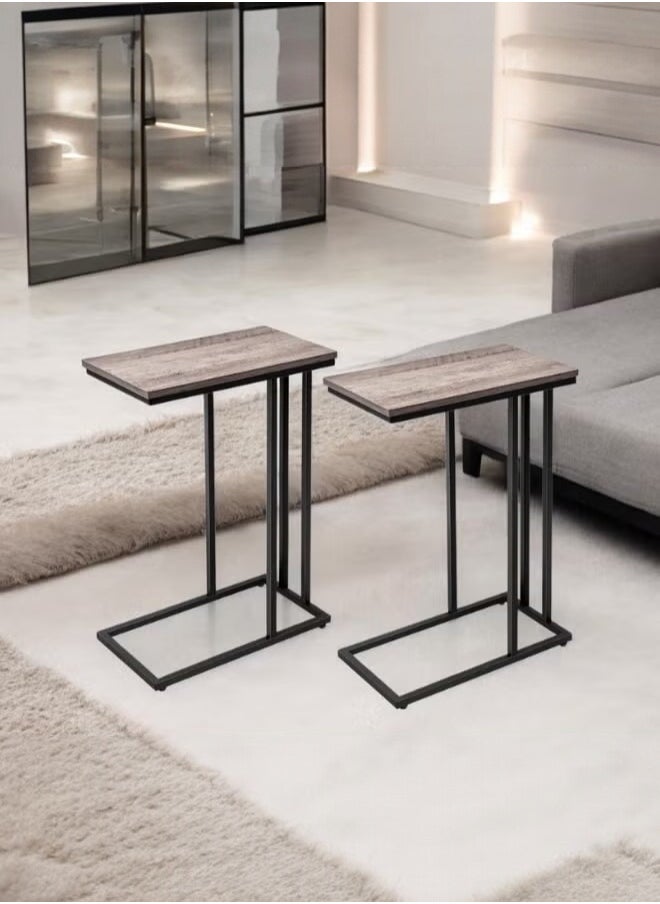 woodx Set of 2 C-Shaped Side Tables with Wood Finish Top and Black Metal Frame  - Image 1