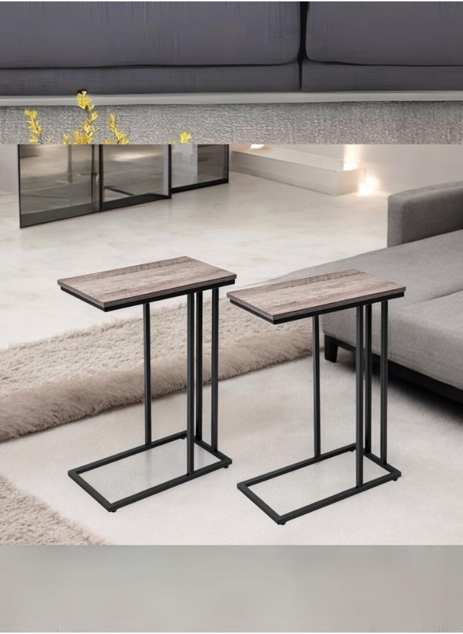 woodx Set of 2 C-Shaped Side Tables with Wood Finish Top and Black Metal Frame  - Image 1