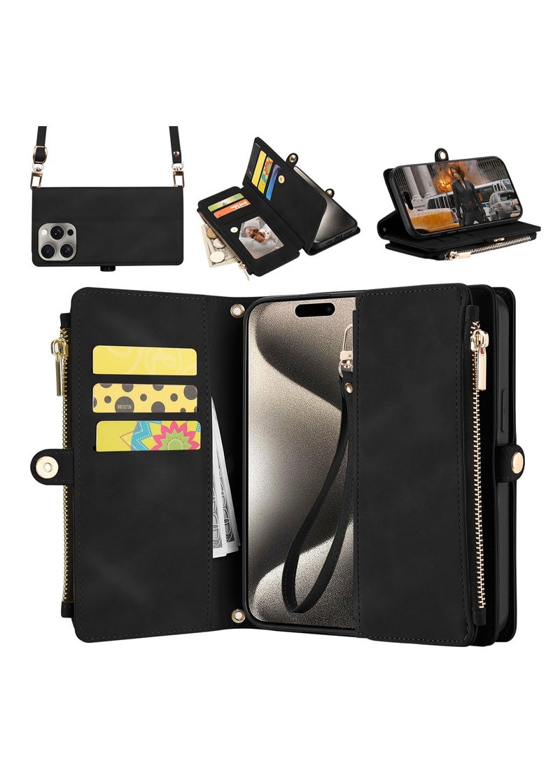 Aookay Wallet Case for iPhone 15 Pro Max Case for Women Men, PU Leather with Card Holder Wrist Strap Crossbody Stand Magnetic Closure Flip Phone Case Cover for iPhone 15 Pro Max( Black)  - Image 1