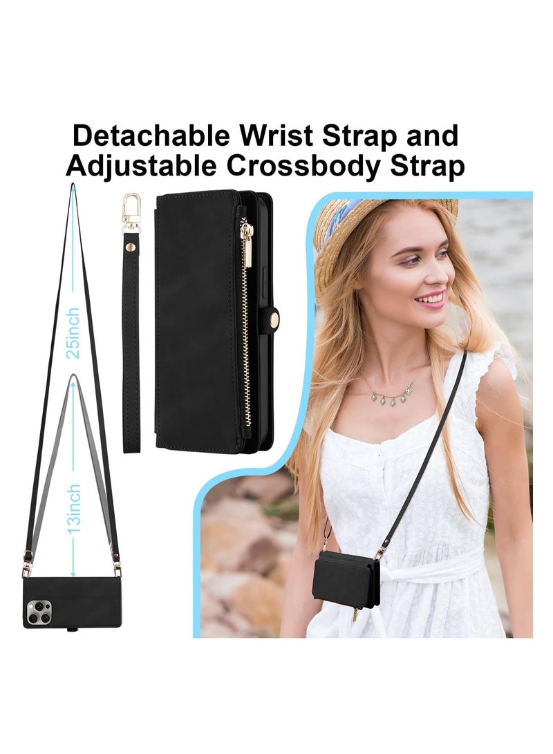 Aookay Wallet Case for iPhone 15 Pro Max Case for Women Men, PU Leather with Card Holder Wrist Strap Crossbody Stand Magnetic Closure Flip Phone Case Cover for iPhone 15 Pro Max( Black)  - Image 5