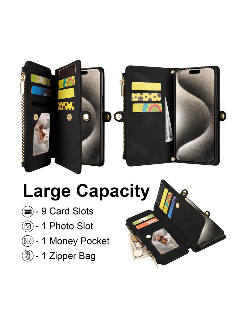 Aookay Wallet Case for iPhone 15 Pro Max Case for Women Men, PU Leather with Card Holder Wrist Strap Crossbody Stand Magnetic Closure Flip Phone Case Cover for iPhone 15 Pro Max( Black)  - Image 2