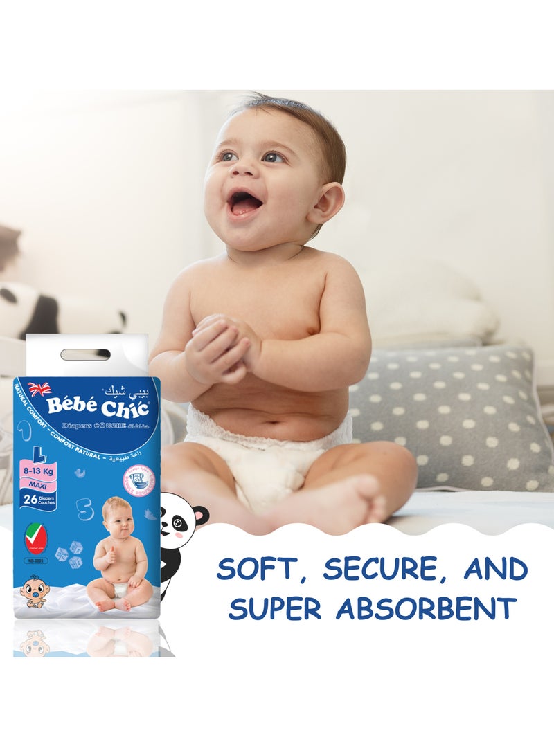 Bebe Chic Baby Diapers – Size L (8-13kg), 26 Diapers per Pack | Ultra Soft, Leak Protection & Breathable Comfort for Infants - Image 4