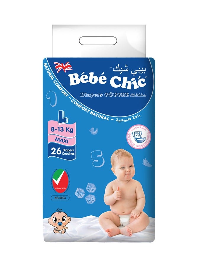Bebe Chic Baby Diapers – Size L (8-13kg), 26 Diapers per Pack | Ultra Soft, Leak Protection & Breathable Comfort for Infants - Image 1