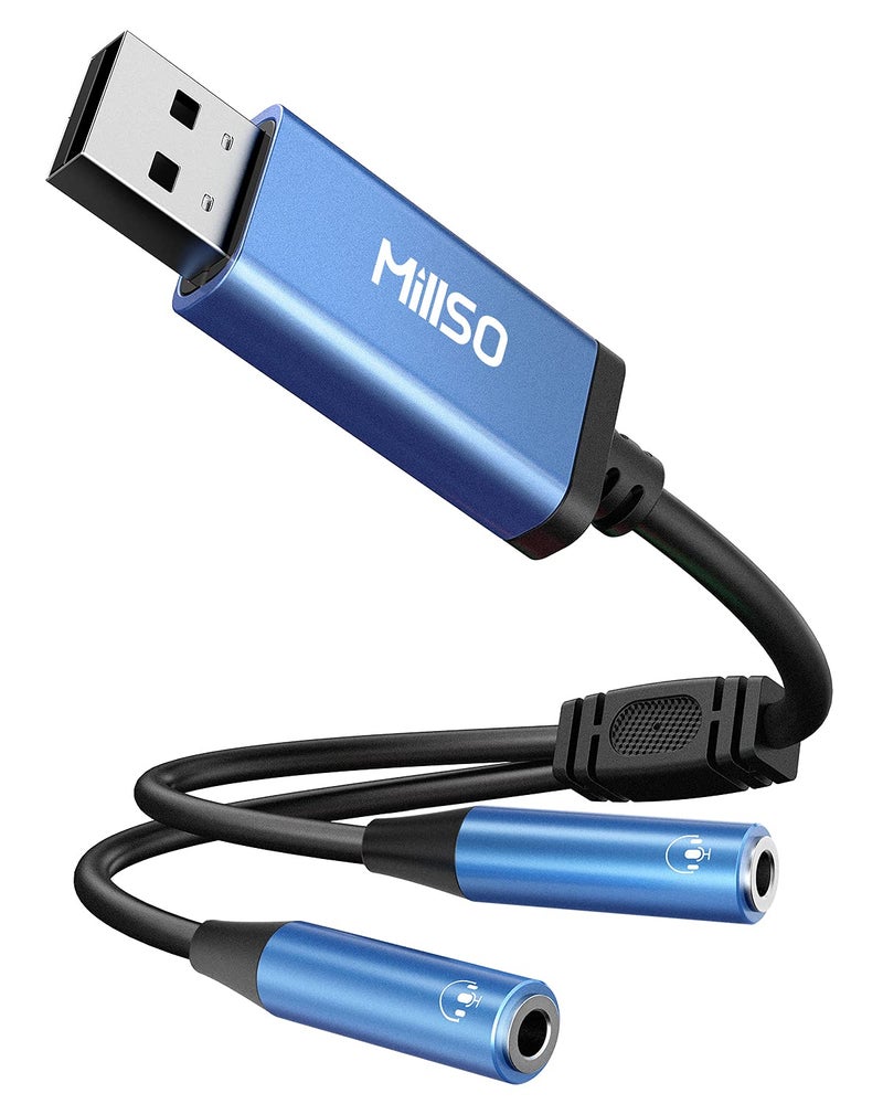 MillSO USB to Dual 3.5mm Audio Jack Adapter, Sapphire Blue TRRS External Stereo Sound Card Headphone Stereo Jack Splitter for Two Headphones, Speakers to a PC, Laptop, Desktop, PS4, PS5-1 Feet - Image 1