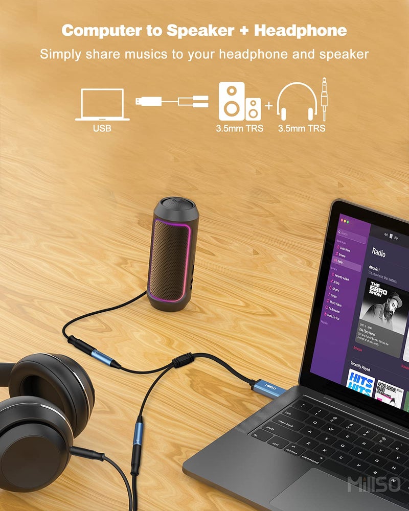 MillSO USB to Dual 3.5mm Audio Jack Adapter, Sapphire Blue TRRS External Stereo Sound Card Headphone Stereo Jack Splitter for Two Headphones, Speakers to a PC, Laptop, Desktop, PS4, PS5-1 Feet - Image 3
