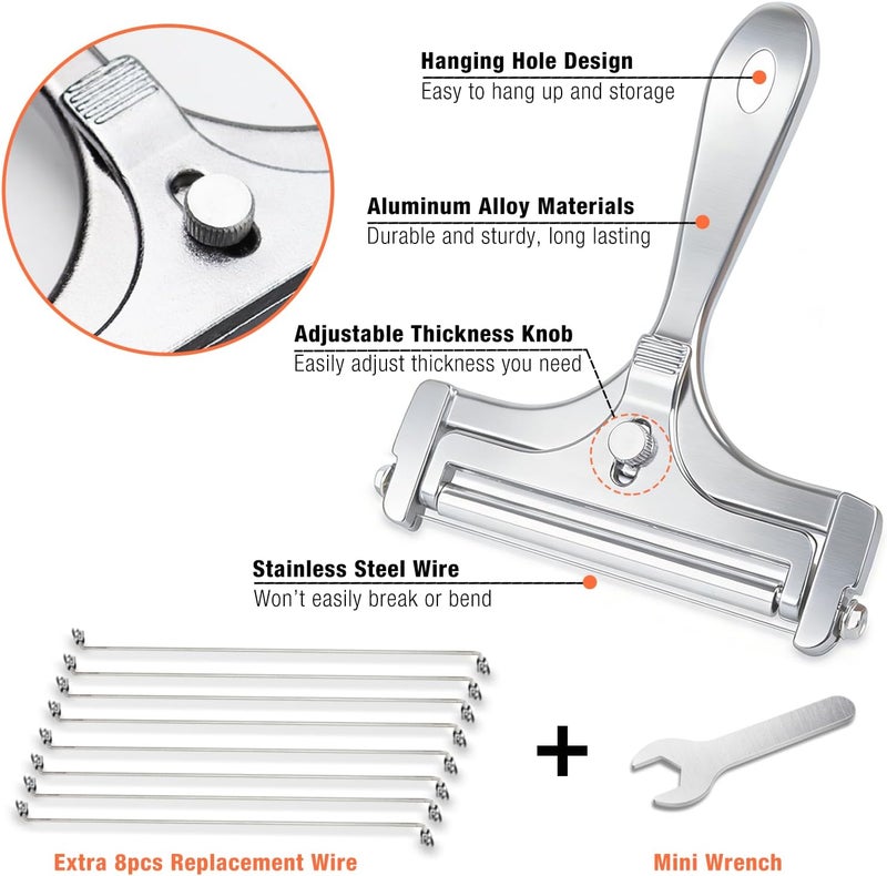 AIDOIT 2 Pack Cheese Slicers, Stainless Steel Wire Cheese Slicer with Cheese Plane Tool, Adjustable Thickness Cheese Cutter with 8 Extra Wires for Soft, Semi-Hard, Hard Cheeses - Image 4
