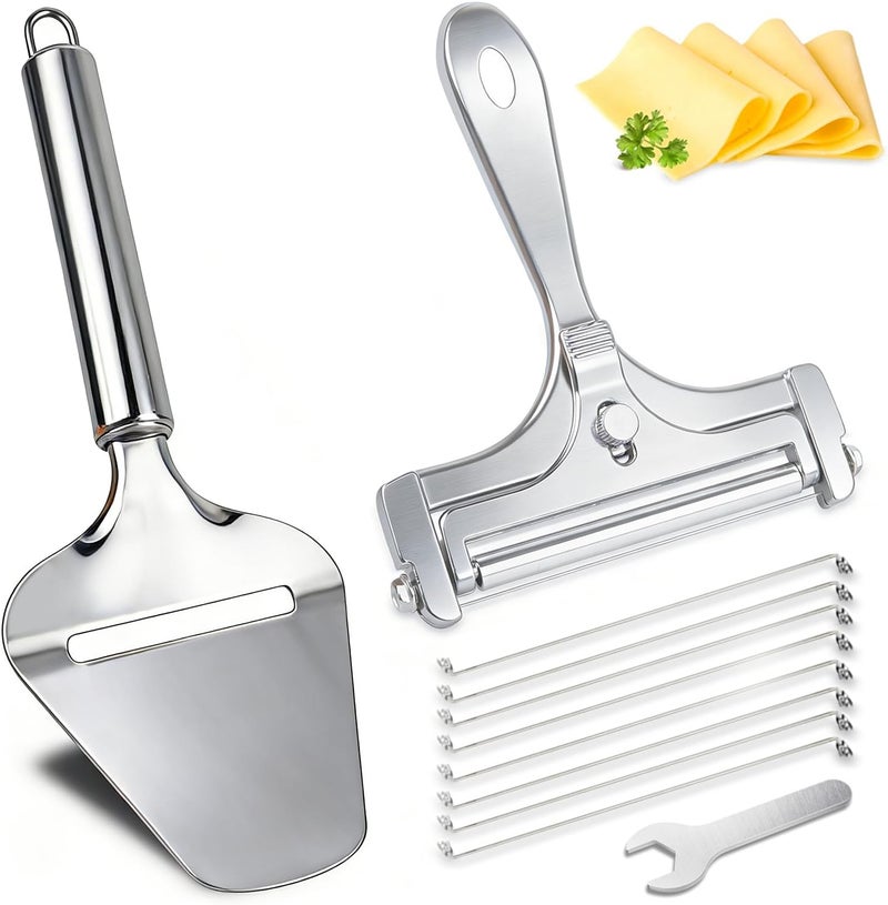AIDOIT 2 Pack Cheese Slicers, Stainless Steel Wire Cheese Slicer with Cheese Plane Tool, Adjustable Thickness Cheese Cutter with 8 Extra Wires for Soft, Semi-Hard, Hard Cheeses - Image 1