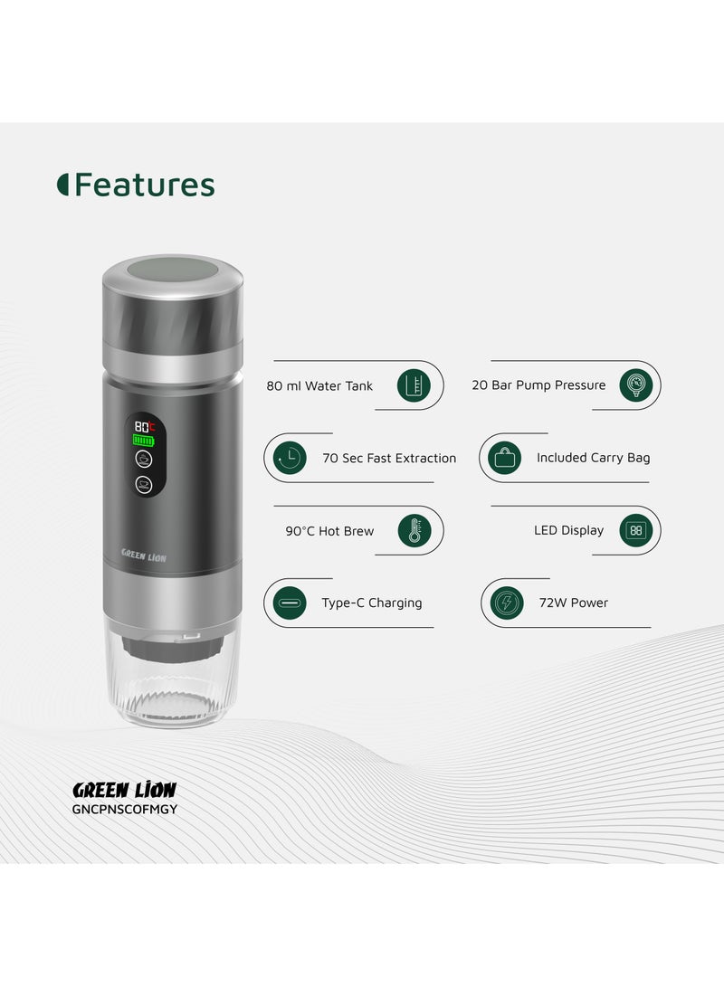 GREEN LION Campinas Portable Coffee Machine 80mL Water tank with LED Display and 90°C Heating Temperature 72W / 150mL Coffee Cup / 20 Bar Pump Pressure / Portable Coffee Maker / Travel Coffee Cup - Grey - Image 5