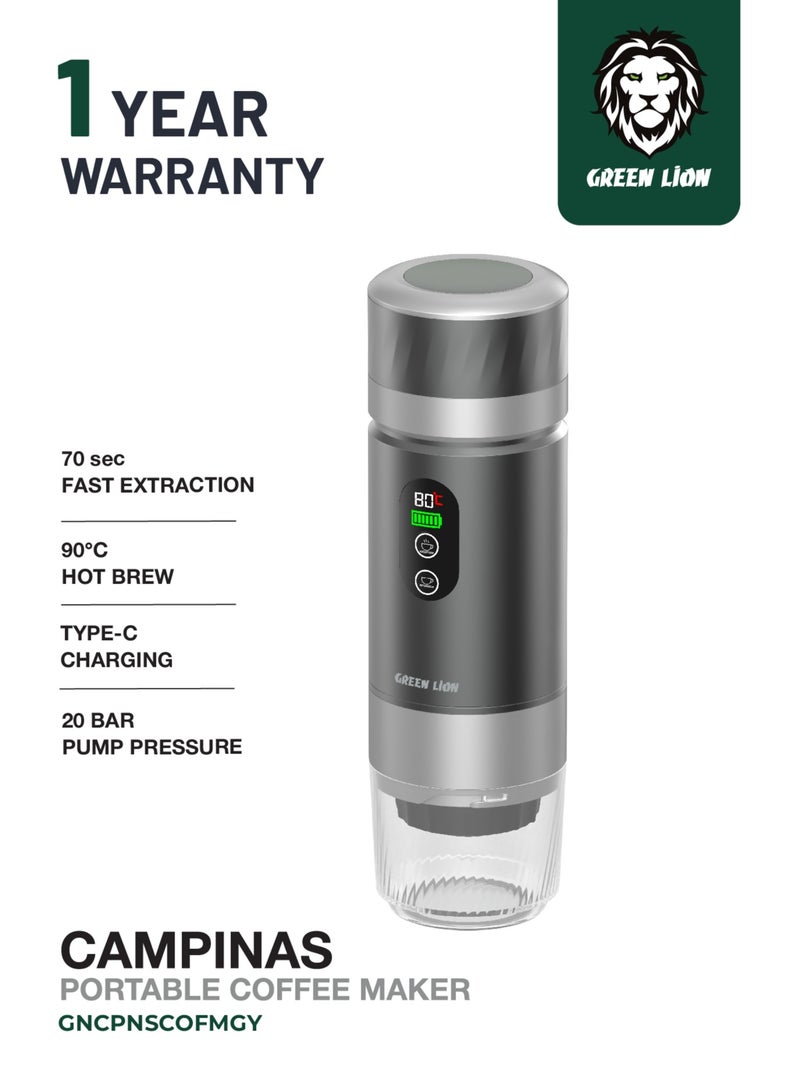 GREEN LION Campinas Portable Coffee Machine 80mL Water tank with LED Display and 90°C Heating Temperature 72W / 150mL Coffee Cup / 20 Bar Pump Pressure / Portable Coffee Maker / Travel Coffee Cup - Grey - Image 1