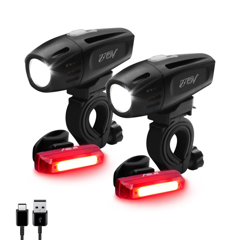 BV Super Bright Bike Light Set USB Rechargeable - Headlight & Taillight, Waterproof IP44 Bicycle Light, 3 Light Modes Including Flash Mode for Safety, Easy to Install and Fits All Bicycles - Image 1