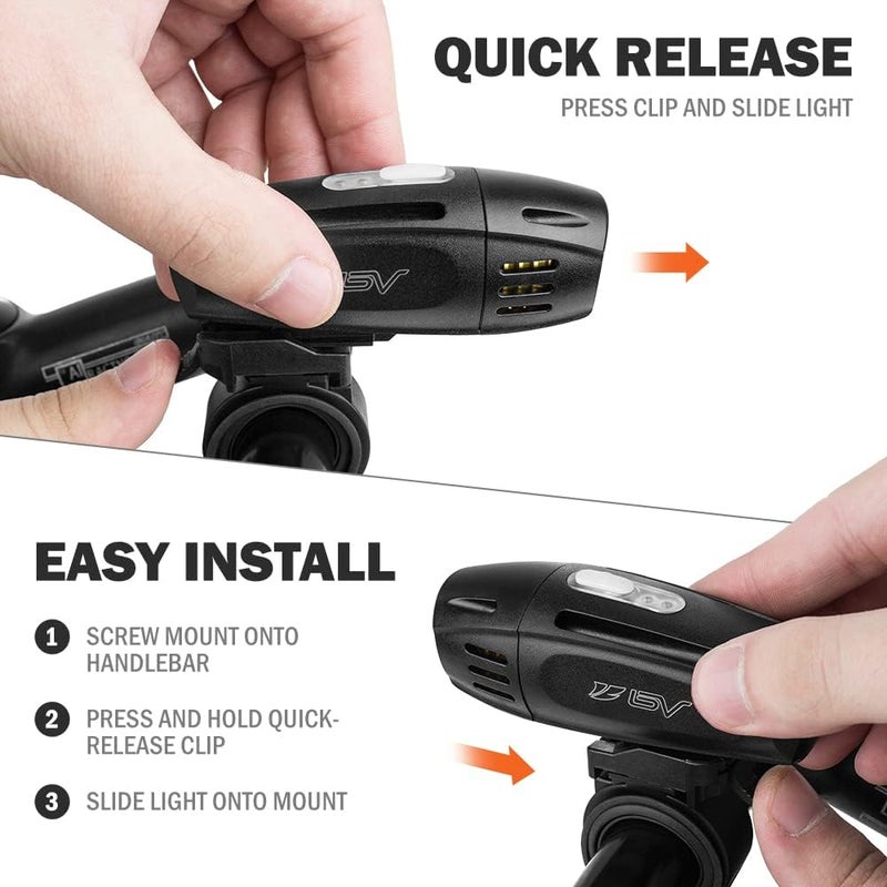 BV Super Bright Bike Light Set USB Rechargeable - Headlight & Taillight, Waterproof IP44 Bicycle Light, 3 Light Modes Including Flash Mode for Safety, Easy to Install and Fits All Bicycles - Image 5