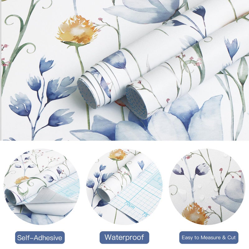 HeloHo Blue Floral Wallpaper Peel and Stick Self Adhesive Removable Wall Paper 16.1" X 118" Renter Friendly Waterproof Wallpaper Contact Paper for Furniture Living Room Bedroom Decor - Image 5