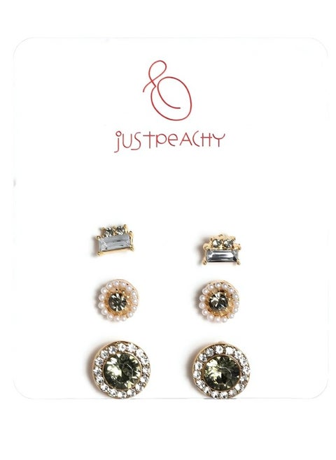 Just Peachy Set of 3 Gold-Plated Geometric Stud Earrings ? Stylish and Modern Jewelry ? Includes Triangle, Square, and Circle Designs ? High-Quality Gold Finish ? Hypoallergenic and Comfortable