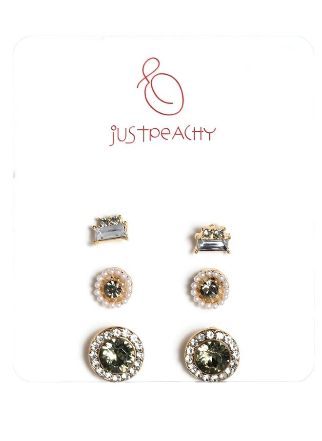 Just Peachy Just Peachy Set of 3 Gold-Plated Geometric Stud Earrings ? Stylish and Modern Jewelry ? Includes Triangle, Square, and Circle Designs ? High-Quality Gold Finish ? Hypoallergenic and Comfortable  - Image 1