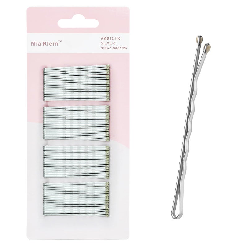 Mia Klein Bobby Pins, Hair Pins 2 Inch 60PCS Crimped Hair Grips for Kids, Girls, and Women, Secure and Easy for All Hair Types, With Ball Tips Design. Hair Accessories for Daily Use (Silver) - Image 1