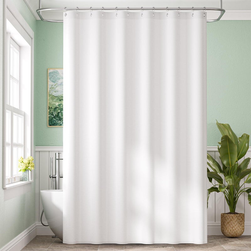 Amazer Extra Long Shower Curtain Liner Washable 72 x 96 Inches Fabric White Shower Liner with 2 Bottom Stones Waterproof 2in1 Shower Curtain and Liner 12 Grommet Holes Hotel Quality White
