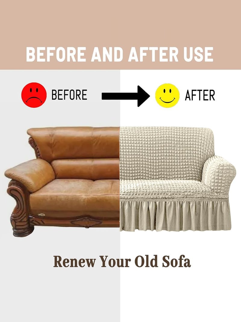 VORHANG Stretch Sofa Slipcover Easy Fitted Sofa Couch Cover with Skirt (Beige -3 Seater) Pack of 1 - Image 4